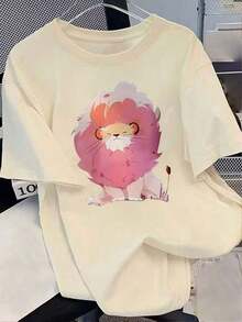 Soft ropa de mujer 100% algodón puro, camiseta de mujer con estampado de león - manga corta casual, cuello redondo, corte holgado, tela suave y transpirable, perfecta para uso casual, un imprescindible para el guardarropa de verano.| Camiseta de cuello redondo| Camisas de mujer con textura de punto pattern - Albaricoque - Ver 7