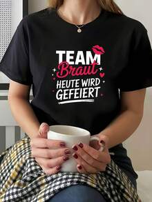 Camiseta de talla grande, "Equipo de la Novia, Celebrando Hoy" TEAM Braut HEUTE WIRD GEFEIHT, con motivos de corazones y estrellas, estampado creativo de letras estilo romántico para fiesta de bodas, camiseta negra de manga corta con cuello redondo para mujer, diseño elegante, elegante y vintage, estiliza y favorece al llevarla puesta, simple y elegante cuando se combina con otras prendas, adecuada para ir de compras, fiestas y uso diario casual, camiseta básica versátil y duradera, blusas para mujer. - Negro - Ver 8