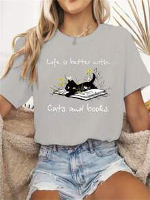 New Women's Casual T-Shirt 2026 With Cat And Book Print - "Life Is Better With Cats And Books" Design, Soft And Stretchy Crew Neck, Comfortable For All Seasons, Machine Washable, Ideal For Everyday Wear, Cozy Style, A Must-Have For Book Lovers, Comfortable And Breathable Fabric. MUGY - 淺灰色 - 查看 7