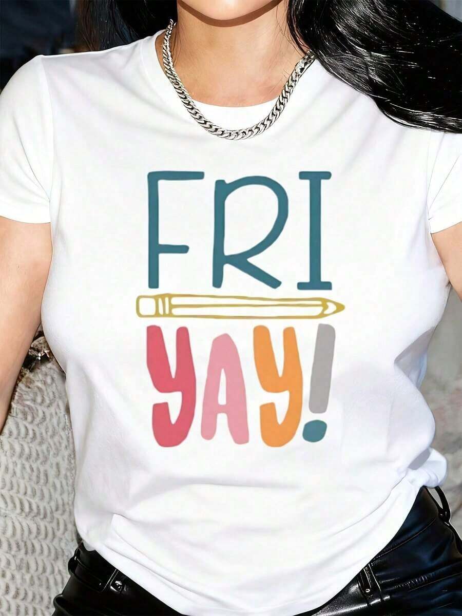 Camiseta Moderna Minimalista para Mujer con Diseño de Lápiz Fri Yay y Patrón de Texto Colorido, Casual para el Día a Día - Blanco - Ver 1