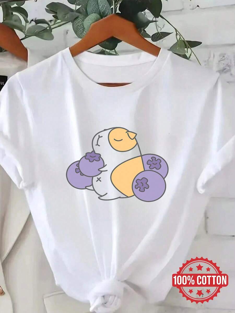 Camiseta de manga corta para mujer con un encantador diseño de pájaro de arándano azul, perfecta para un look veraniego relajado, para uso diario, hecha de tela suaveDaily Casual Round Neck Short Sleeve-Shirt Women - Blanco - Ver 1