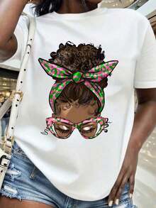 Women's Vintage Style Cotton T-Shirt With Lisbon Slogan Print, Pink And Green Leopard Print Headband And Sunglasses Design, Fashion Graphic T-Shirt For Women, Casual Wear, Distinctive Style Top, Summer Clothing Option, 220g For Daily Summer Wear. - 白色 - 查看 8