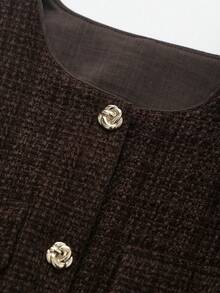 Women's Long Sleeve Metal Button Design Elegant Belted Tweed Jacket - Dark Brown - View 3
