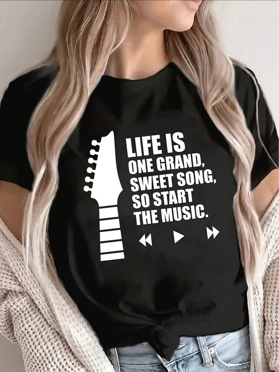 Camiseta de manga corta para mujer, diseñada con una fina textura gris, ofrece una experiencia de uso suave y cómoda, lo que la hace ideal para salidas informales o para usar en casa.Su estructura ligera y transpirable la hace perfecta para actividades recreativas y de ocio diarias. - Negro - Ver 1