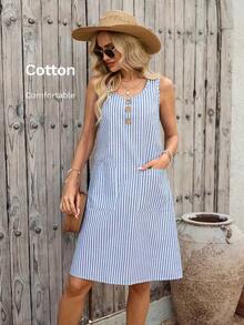 Vestido casual de mujer con diseño de botones, cuello redondo, sin mangas, a rayas y con bolsillo - Azul y blanco - Ver 4