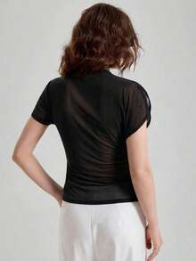 2026SS Nueva blusa de verano para mujer, uniforme de maestra, atuendo de aeropuerto para el Día de la Independencia, de tela elástica, camiseta azul sólida talla grande vendida, estilo casual cómodo, top de punto, diseño asimétrico, manga corta frun - Negro - Ver 2