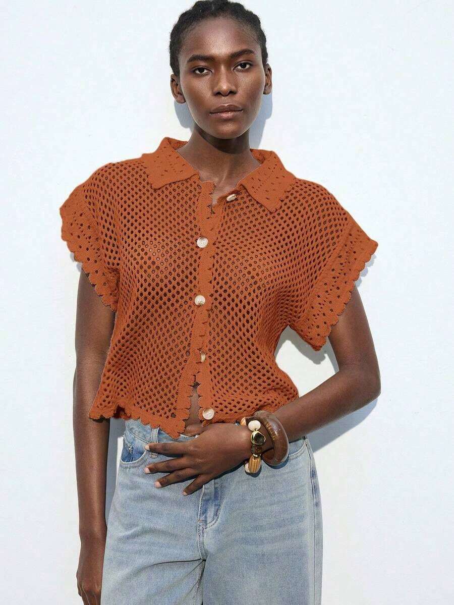 Cárdigan de punto calado de color liso casual para vacaciones - Naranja - Ver 1