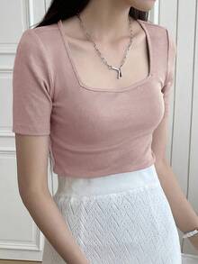 Camiseta de punto acanalado con cuello cuadrado, tops cortos para mujer tops lindos - Rosa - Ver 4