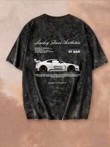 Camiseta de manga corta con cuello redondo, estampado de coche de carreras blanco y teñido anudado, de estilo simple y veraniego, de moda y versátil, en color negro - Estilo - Ver 5