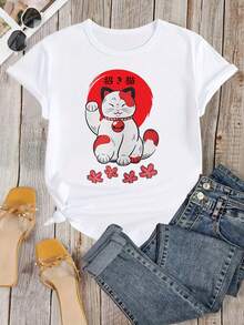 Camiseta Japonesa Maneki-Neko - Cuello Redondo Casual de Verano con Estampado, Lavable a Máquina, Top de la Suerte Japonesa Ideal para Fans de la Cultura Japonesa y Regalos - [Blanco] - Ver 2