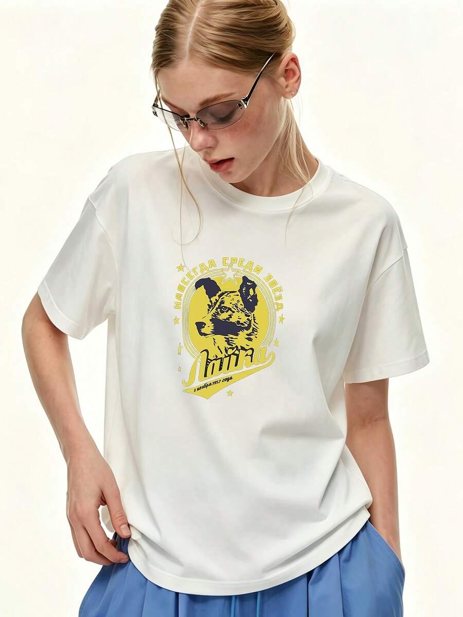 Camiseta de talla para mujer de 180 g con estampado de perro, manga corta, estilo casual y holgado, moda de verano, estilo urbano, adecuada para reuniones familiares, regalos para formación de equipos de empresa, nuevo modelo 2024 - Camiseta unisex de algodón holgada de manga corta y cuello redondo, estilo urbano vintage. - Blanco - Ver 1