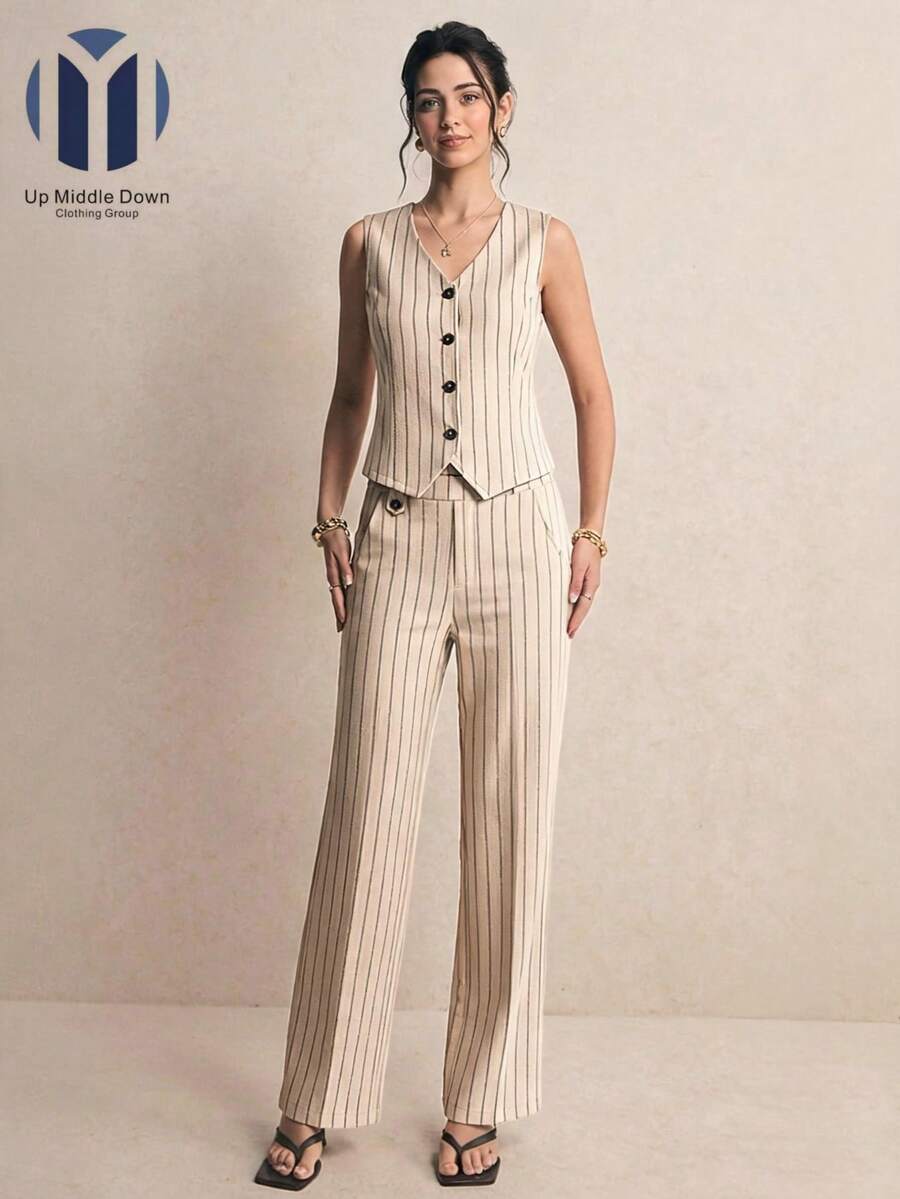 Set de Chaleco de Vestir y Pantalón Formal para Mujer: Diseño de Rayas Verticales - Ideal para Oficina y Eventos - Beis - Ver 1