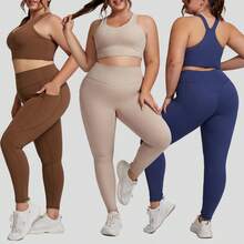 Set deportivo para mujer de talla grande, conjunto ajustado de 2 piezas con bolsillo, tela elástica efecto segunda piel para yoga y entrenamiento - Sujetador y pantalón color moca - Ver 2