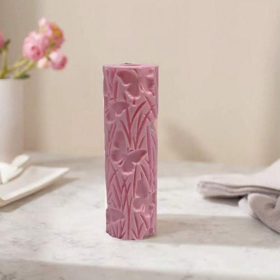 Butterfly Meadow Floral & Wing Pattern Clay Relief Texture Roller – DIY Pottery Craft Rolling Pin Tool For Polymer Clay, Ceramic Art, Fondant, Cookie Dough, Soft Clay Embossing Wildflowers & Grass Detail Ideal For Spring & Garden-Themed Tiles - Butterfly Meadow Pink - View 1