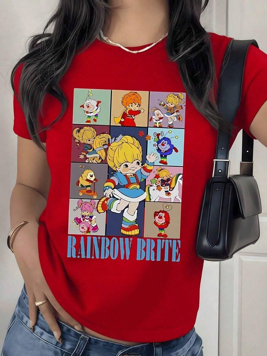 Camiseta con Estampado Gráfico de Personajes de Dibujos Animados Retro, 180g, 1 Pieza, Patchwork Colorido, Camiseta Casual de Mujer 100% Algodón, Estilo Vintage - Rojo - Ver 1