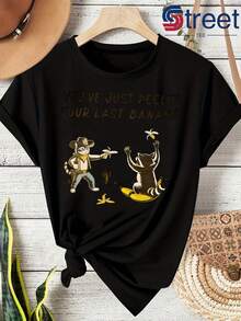 Una camiseta de manga corta para mujer, moderna, a la moda, retro y de corte holgado, adecuada para actividades al aire libre en primavera y verano.Un top de verano sencillo, elegante y a la moda para chicas, con un divertido estampado de mapache y un eslogan de vaquero.La camiseta de manga corta "Last Banana" es casual, retro y adecuada tanto para el hogar como para actividades al aire libre, lo que la convierte en una prenda versátil para el uso diario.blusas para mujer,blusas casuales para dama,tops,, mujer premium,y2k,playeras de mujer curvy,ofertas y liquidaciones ropa mujer,playeras deportivas para mujer,,playeras de hombre, mujer,blusas>elegante NJIA - Negro - Ver 1
