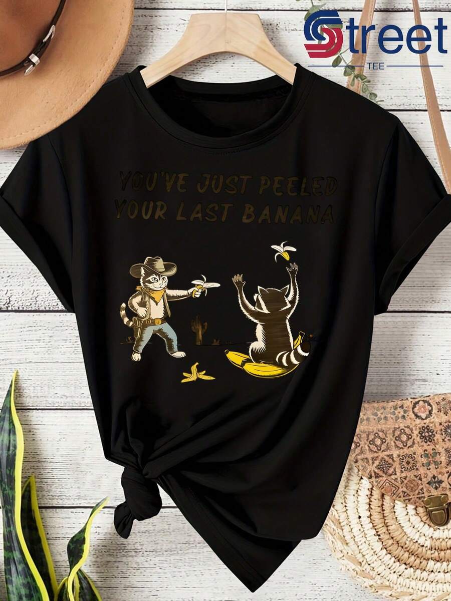 Una camiseta de manga corta para mujer, moderna, a la moda, retro y de corte holgado, adecuada para actividades al aire libre en primavera y verano.Un top de verano sencillo, elegante y a la moda para chicas, con un divertido estampado de mapache y un eslogan de vaquero.La camiseta de manga corta "Last Banana" es casual, retro y adecuada tanto para el hogar como para actividades al aire libre, lo que la convierte en una prenda versátil para el uso diario.blusas para mujer,blusas casuales para dama,tops,, mujer premium,y2k,playeras de mujer curvy,ofertas y liquidaciones ropa mujer,playeras deportivas para mujer,,playeras de hombre, mujer,blusas>elegante NJIA - Negro - Ver 1