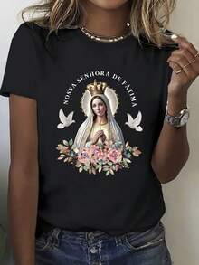 Una camiseta de manga corta para mujer, moderna, a la moda, retro, casual y holgada, adecuada para actividades al aire libre en primavera y verano, con un estampado de la Manantial de Fátima, cuello redondo, transpirable, ideal como regalo para las vacaciones.blusas para mujer,blusas casuales para dama,tops,, mujer premium,y2k,playeras de mujer curvy,ofertas y liquidaciones ropa mujer,playeras deportivas para mujer,,playeras de hombre, mujer,blusas>elegante 9CNP - Negro - Ver 8