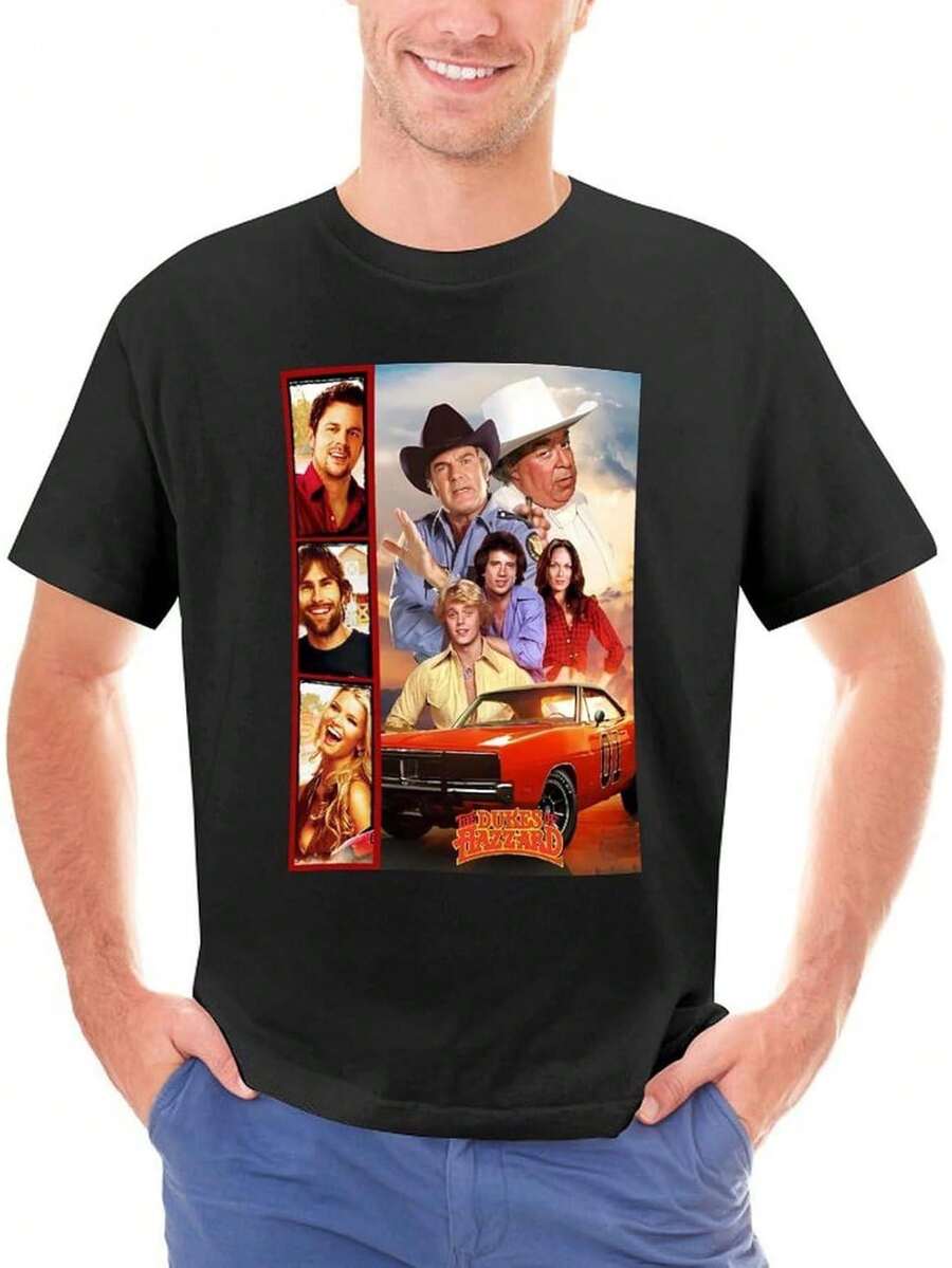 Camiseta de hombre con diseño vintage de la serie de TV "Dukes of Hazzard" - Diseño de camión rojo vintage y Dukes of Hazzard, camiseta de manga corta con cuello redondo, adecuada para acampar, actividades al aire libre, lavable a máquina, ajuste cómodo, ropa casual nostálgica (ropa vintage de Dukes of Hazzard) playeras de mujer, blusas para mujer, blusas casuales para dama, atuendo para fiestas, moda moderna, estilo urbano, ropa de uso diario en climas cálidos, ropa de uso diario de verano. - Negro - Ver 1