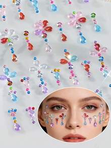 1 Sheet Colorful Star Flower Heart Glitter Rhinestone Face Stickers, Shiny Bow Shaped Stickers, Self-Adhesive Gemstone Diamonds For Face,Eyes, Makeup Tattoos For Women, Girls ,Concert Look - Multicolor - View 3