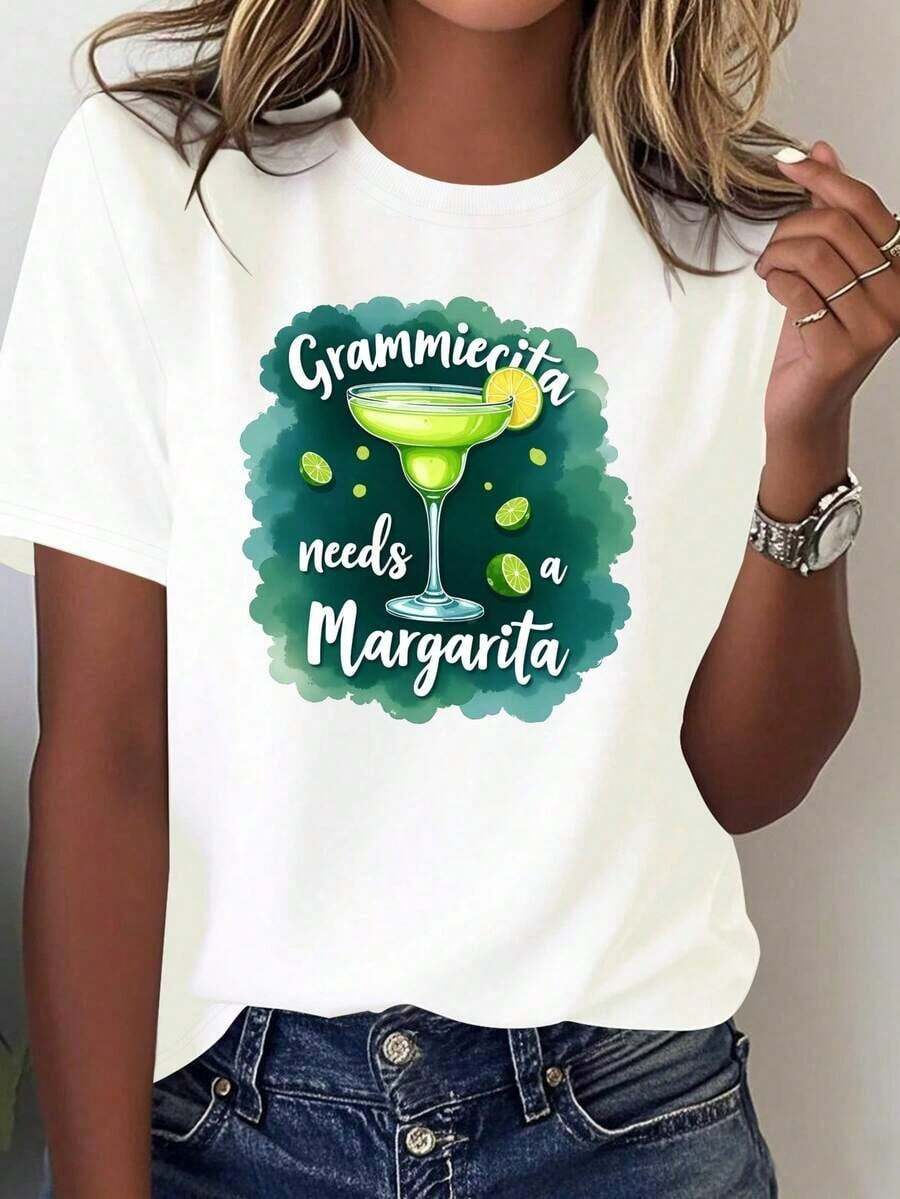 ComfortableCamiseta "I Need a Margarita" para Mujer de LightweightGrammicita - Camiseta casual de manga corta en color sólido con diseño de margarita (tequila, lima, cubitos de hielo) - Lavable a máquina, adecuada para fiestas en la playa, atuendos casuales y ropa de estilo mexicano. 100% algodón, una opción popular. Camiseta de manga corta para mujer, estilo básico para uso interior y exterior. - Blanco - Ver 1