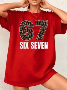 Fashion NEW1 Piece Of Women's Oversized Number 67 T-Shirt, Retro Urban Style, Vintage Graphic Print, Animal Design, 100% Cotton, Crew Neck - Vintage Urban Style, Unisex, Loose Fit, Short Sleeve, Crew Neck. Unisex Cotton Short Sleeve Crew Neck T-Shirt, Vintage Urban Style. - 紅色 - 查看 8