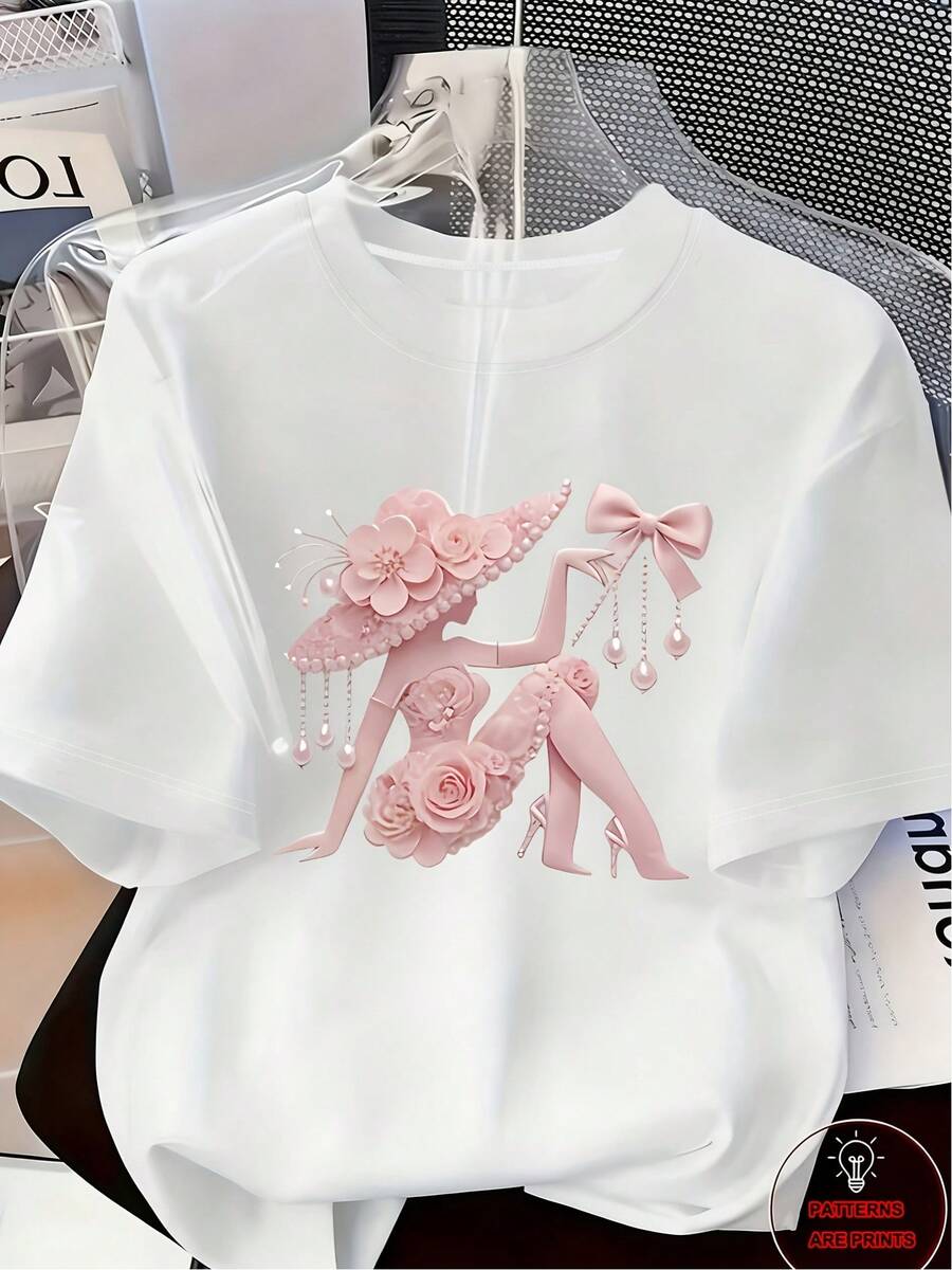 ¡Una pieza de ropa elegante, de estilo lujoso y de alta gama! Camiseta estampada para mujer - diseño adornado con perlas y pedrería para mujer|Estilo casual, lujoso y glamuroso para el día a día|Tela suave y transpirable, top casual de manga corta con cuello redondo para primavera y verano, lavable a máquina, cómodo y versátil. Talla grande, 180g, 100% algodón. - Blanco - Ver 1
