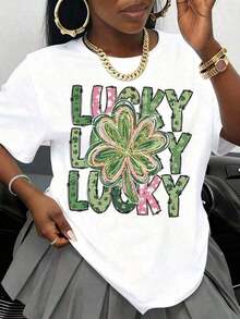 Camiseta con Estampado de Trébol de la Suerte Verde y Rosa con Trébol de Cuatro Hojas y Texto de la Suerte Celebración del Día de San Patricio Y2Y-Ropa de Verano MIII Camiseta de Manga Corta con Estampado Gráfico Grunge Y2K Ropa Fresca de Verano para Mujer - Blanco - Ver 6