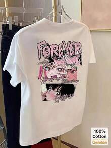 Minimalist. 1 Pack. 100% Cotton. Short-Sleeved, Mid-Length T-Shirt With Cartoon Motif, Casual Fashion Top For Women, Summer White. Summer Crew Neck. - 白色 - 查看 5