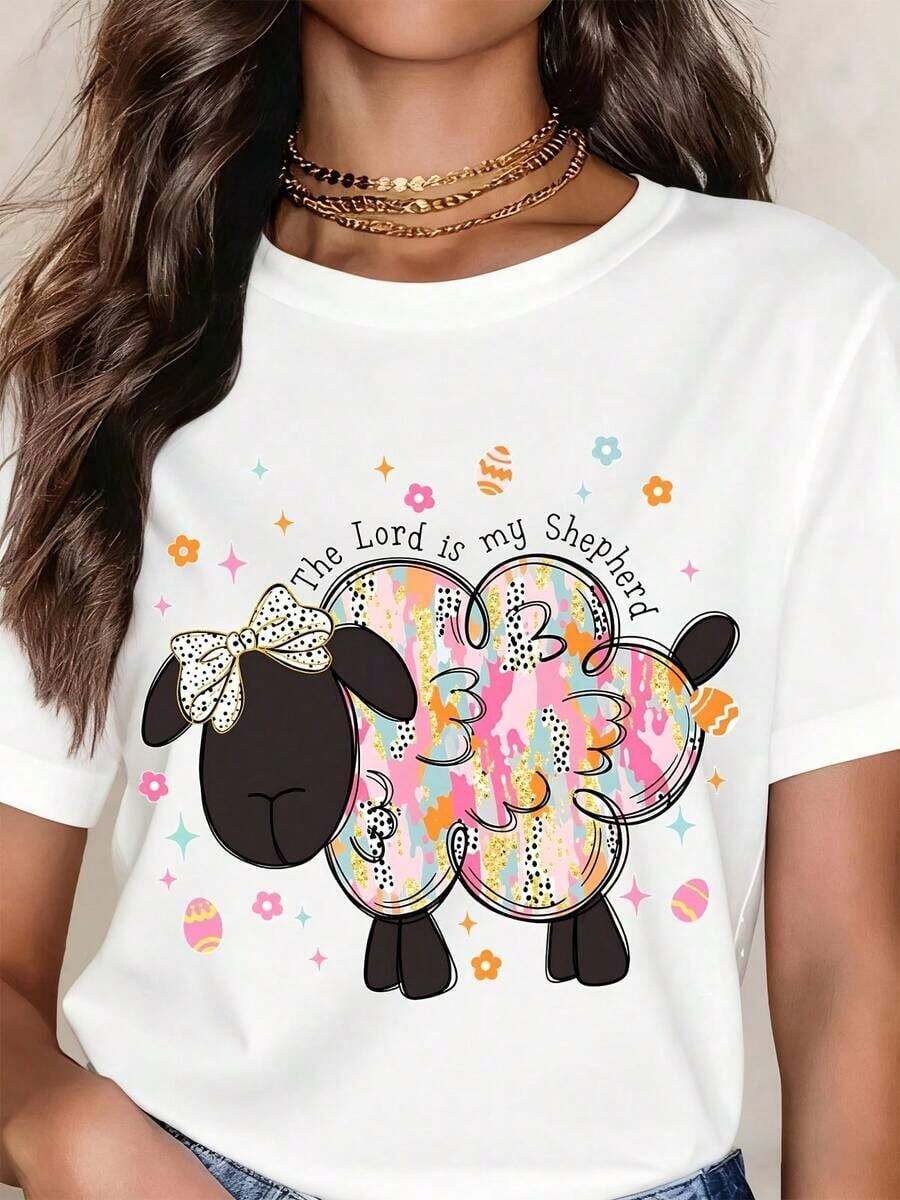 Oferta por tiempo limitado, cantidad limitada disponible, relámpago, camisas de mujer, camisetas de mujer Camiseta para mujer con diseño de oveja adorable y texto <<El Señor es mi pastor» - Estampado gráfico con temática de Pascua - Blanco - Ver 1