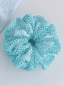 1pc New Mint Blue Double-Layer Hollow Grid Chiffon Scrunchie, Soft Hair Tie Ponytail Elastics Rubber Bands - Multicolor - View 8