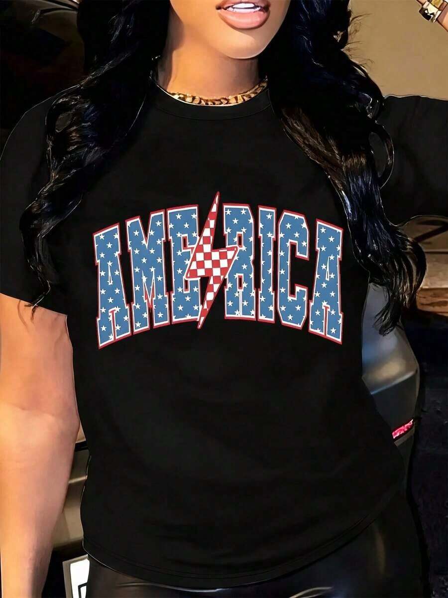 Camiseta Casual de Mujer, Corte Holgado, Cuello Redondo, Manga Corta, Estampado de la Bandera Americana con Gráfico de Rayo, para Uso Diario y Eventos Patrióticos. - Negro - Ver 1