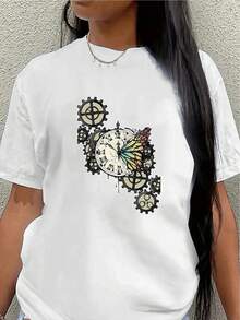 Camiseta de manga corta, ligera y duradera, con un diseño de engranaje de reloj steampunk, es perfecta para uso casual en casa, en la oficina o en una cafetería, ofreciendo una experiencia de uso cómoda para el día a día. - Blanco - Ver 7