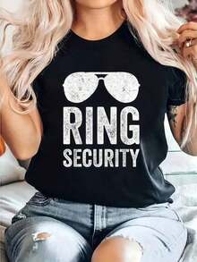 Round Neck Camiseta Divertida Ring Security Para Niños Y Hombres Jóvenes Que Serán Anilleros - Camiseta De Estampado Casual, Cuello Redondo, Manga Corta, Cómoda Para Primavera Y Verano - Ropa De Mujer Summer Essentials,Summer Outfits For Women,Graphic Tees Blusas Para Mujer Casual - Negro - Ver 6