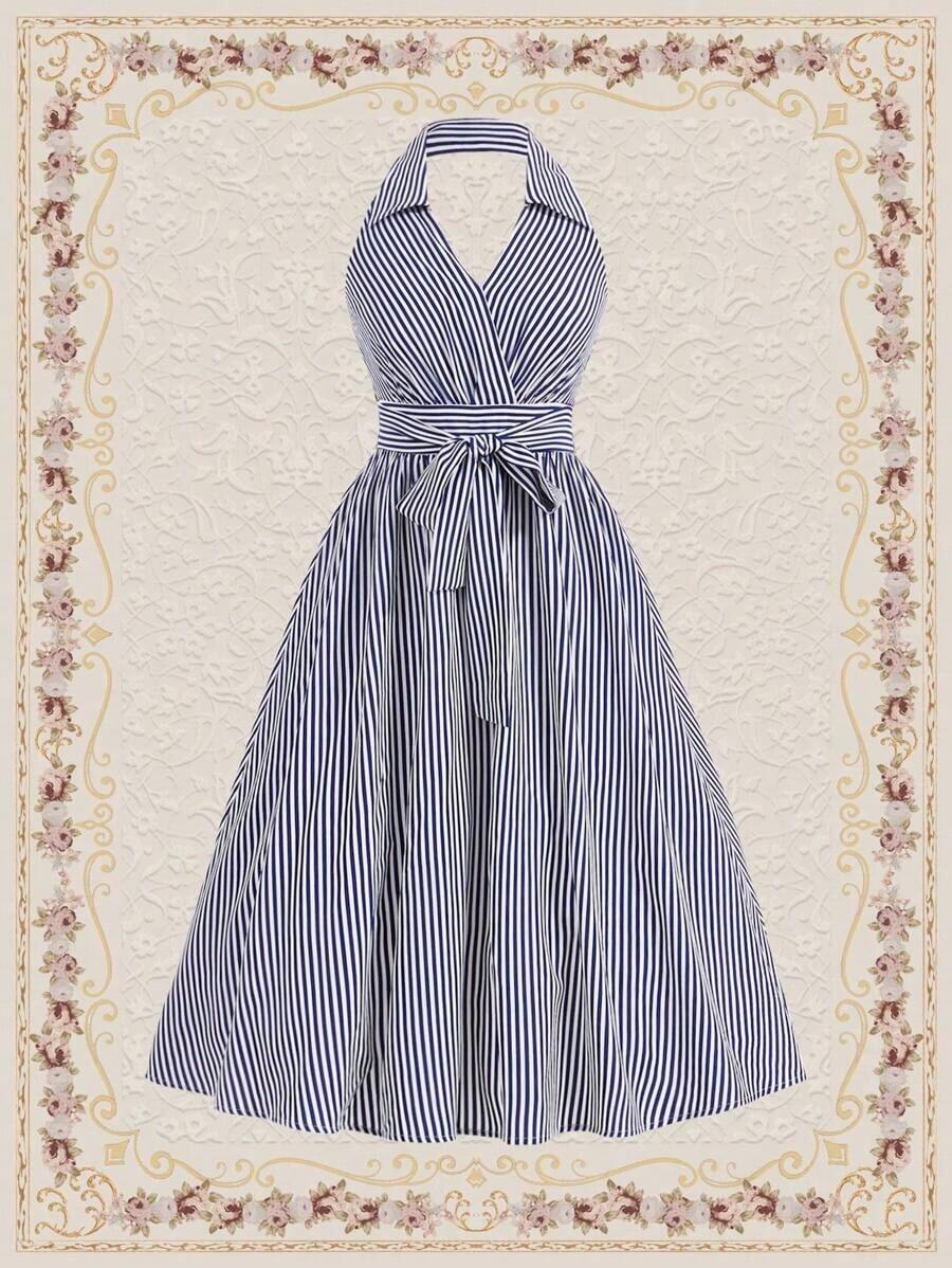 Vestido de vacaciones con cuello halter de rayas vintage para primavera y verano, vestido de pascua, vestido de playa, vestido azul, vestido largo, vestidos de mujer elegantes para fiestas de verano, vacaciones y cumpleaños - Azul marino - Ver 1