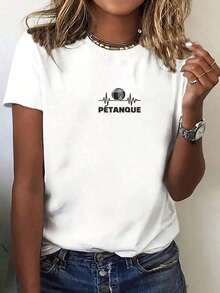 1 pieza de camiseta deportiva de manga corta para mujer - Diseño con patrón de ritmo cardíaco PÉTANQUE, transpirable y cómoda con cuello redondo, adecuada para cualquier ocasión, mezcla de materiales, fácil cuidado, uso en todas las estaciones, disponible en múltiples colores y tallas, combina perfectamente. 180g Algodón 100%. - Blanco - Ver 2