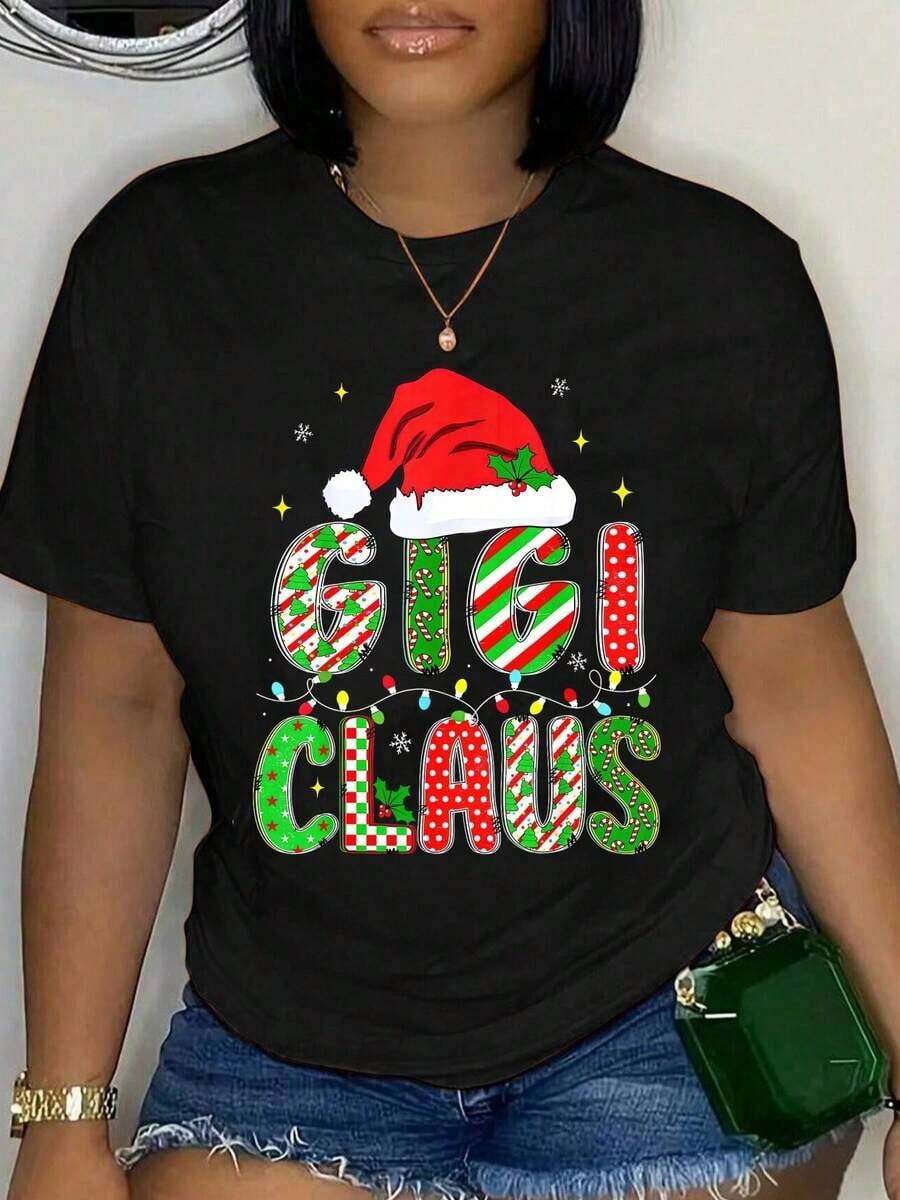 Camiseta 100% Algodón de Navidad con Diseño de Papá Noel y Mamá, para Combinar en Familia, para Hombre y Mujer, Suave, Transpirable, Clásica, a la Moda, para Verano - Negro - Ver 1