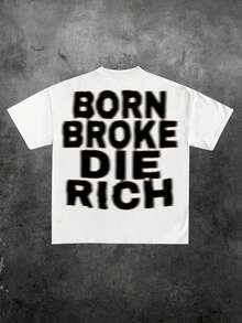 Camiseta de manga corta estilo urbano europeo y americano para adultos con estampado inglés desgastado "BORN BROKE DIE RICH", camiseta de verano sencilla, de corte holgado para un look casual y relajado, esencial para salidas diarias, deportes y uso casual, una camiseta de manga corta imprescindible para el verano, camisetas para mujer, blusas elegantes para dama. - Blanco - Ver 6
