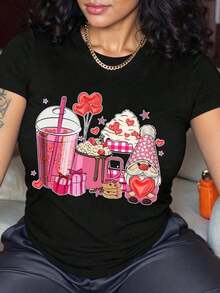 Oferta por tiempo limitado, cantidad limitada disponible,  relámpago, camisas de mujer, camisetas de mujer Camiseta informal de manga corta con cuello redondo y estampado divertido para mujer, ideal para el Día de San Valentín, con diseño de corazón, cupcake y enanito.Regalo perfecto para una cita romántica. - Negro - Ver 10