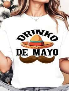 Drinko De Mayo Sombrero And Mustache Print Women's Round Neck T-Shirt For Cinco De Mayo Celebration 220g Loose Fit T-Shirt For Women - 白色 - 查看 1