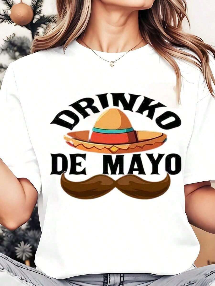 Drinko De Mayo Sombrero And Mustache Print Women's Round Neck T-Shirt For Cinco De Mayo Celebration 220g Loose Fit T-Shirt For Women - 白色 - 查看 1