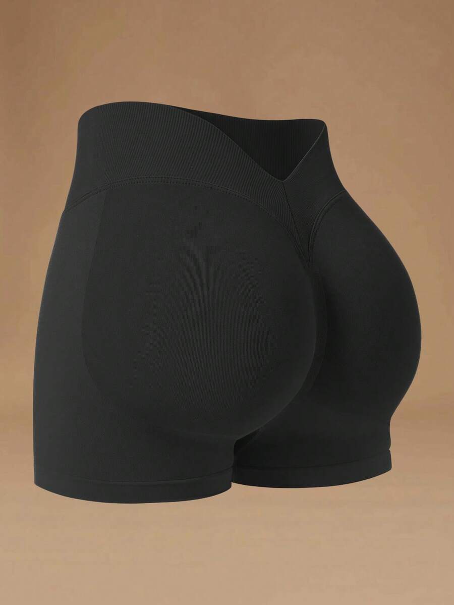 VVX Quần short tập thể dục nữ cạp cao, lưng chữ V nhún, kiểm soát bụng, yoga, không đường may, ôm dáng, màu trơn, mềm, kiểu biker cho tập gym, thể thao, mặc thường ngày, dùng cho mọi mùa - màu đen - Xem 1