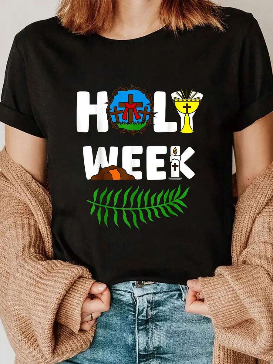 Camiseta de la Semana Santa: Domingo de Palmito, Nochebuena de Pascua, Pascua y Día de la Resurrección - Camiseta Unisex de Estilo Urbano Vintage, de Algodón, Manga Corta y Cuello Redondo - Negro - Ver 1