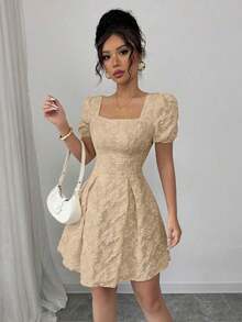 Women's Dress With Puff Sleeves And Square Neck, Fashionable For Summer - 酒紅色 - 查看 4