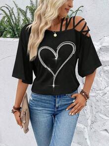 Camiseta gráfica con cuello asimétrico y cruce frontal.Gráfica Tops para mujeres - Negro 2 - Ver 6