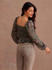 Blusa de manga larga con cuello de corazón, volantes y estampado floral, para otoño, invierno, uso casual, estilo occidental, bohemio - Rosa - Ver 2