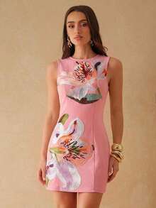 Vestido mini elegante de mujer con cuello redondo, ajustado, sin mangas y con decoración floral 3D - Rosa Pálido - Ver 4