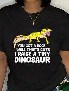 Ropa de mujer de talla, camiseta de talla para mujer, estampado ¿Tienes un perro? ¡Eso tan lindo, yo tengo un pequeño dinosaurio! , cuello redondo casual, mangas cortas, corte holgado, ligeramente elástica, adecuada para todas las estaciones - Camiseta unisex de algodón holgada de manga corta y cuello redondo estilo vintage urbano. - Negro - Ver 7