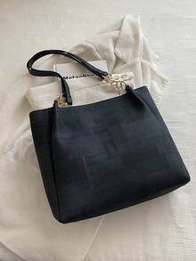 2026 New Large Capacity Tote Bag For Women, Casual Versatile Handbag, Korean Fashion Plaid Shoulder Commuter Bag - Black - View 7