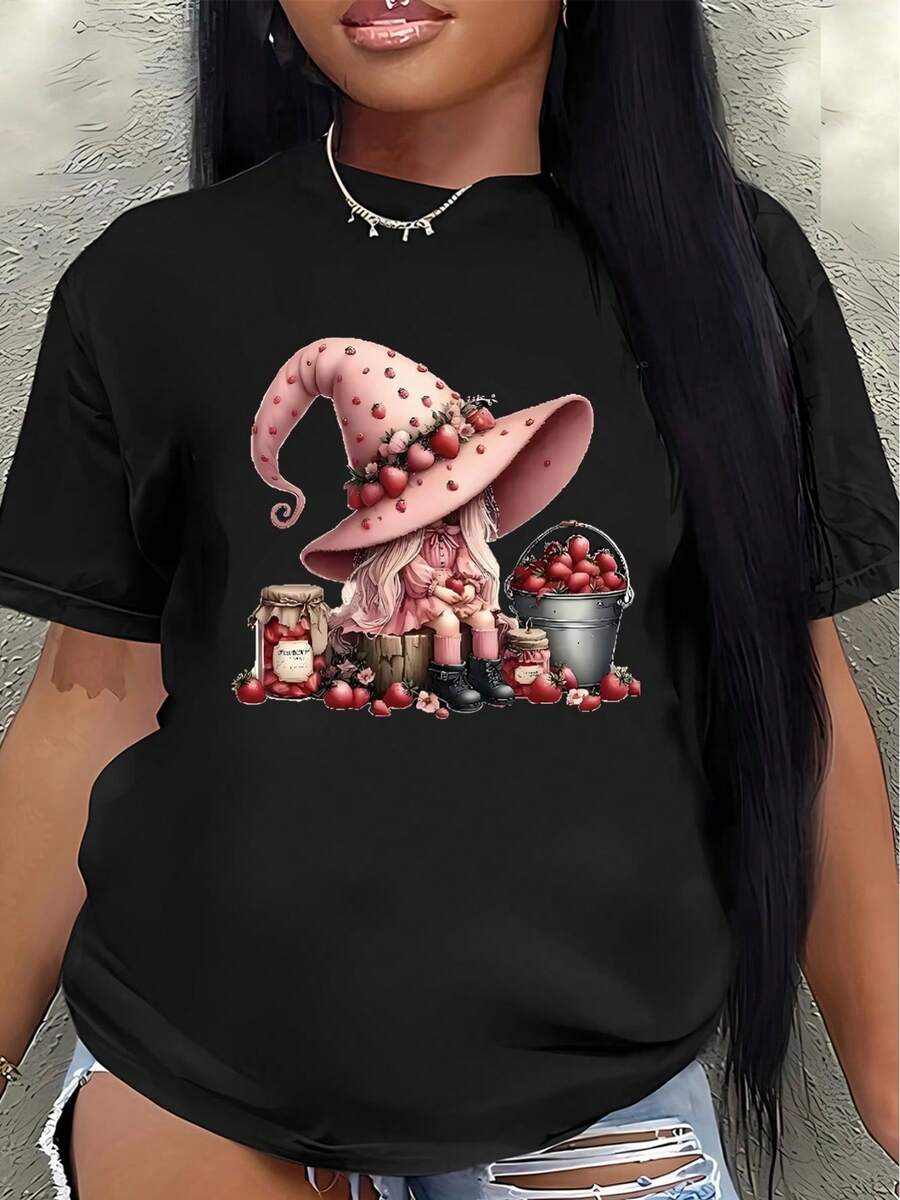 Camiseta de manga corta ligera y duradera, diseñada con estampados de sombreros de bruja y bayas, perfecta para uso casual en casa o actividades al aire libre, ofreciendo una experiencia de uso cómoda en el día a día. Adecuada para Halloween. - Negro - Ver 1